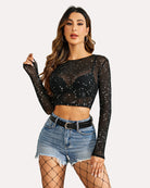 Black sheer mesh long-sleeve crop top with star pattern and round neckline