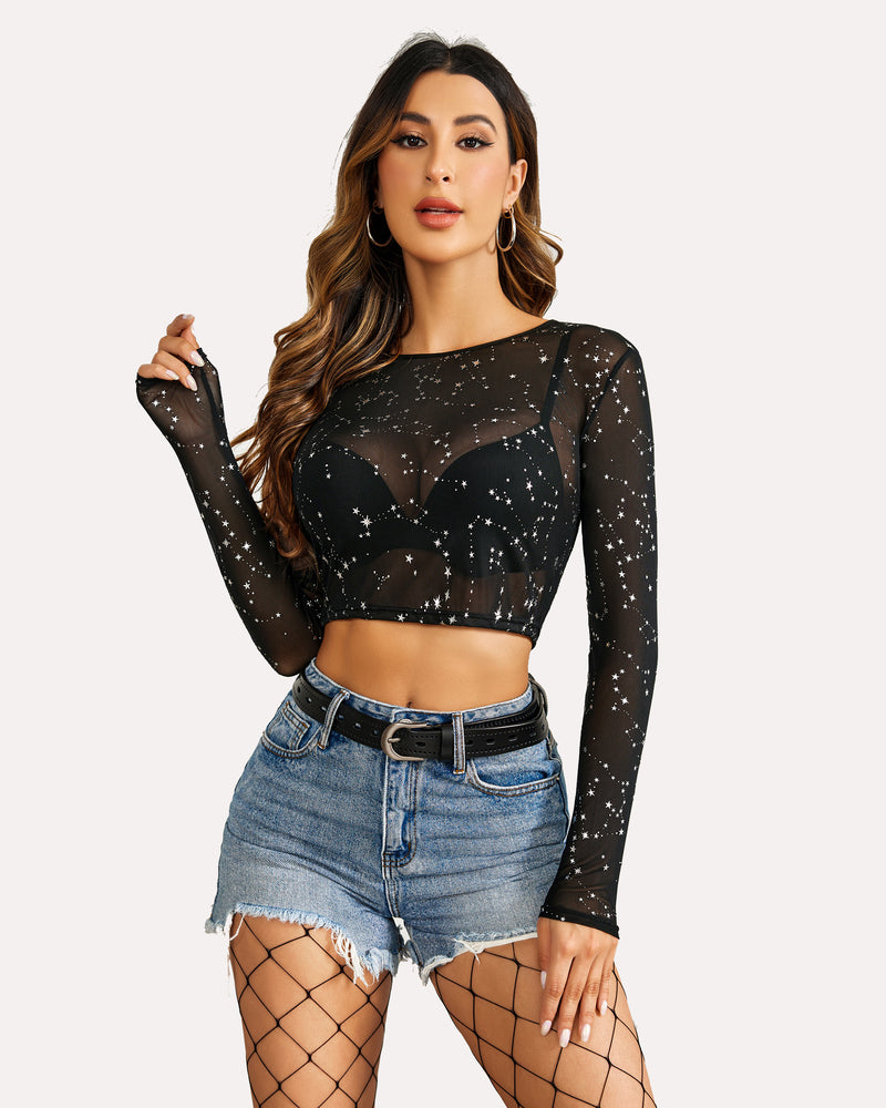 Black sheer mesh long-sleeve crop top with star pattern and round neckline