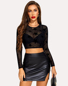 Black sheer mesh crop top with star pattern, long sleeves, fitted crop length