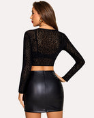 Black leopard-print mesh crop top, long sleeves, back view, round neckline