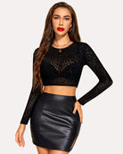 Black leopard mesh long-sleeve crop top, sheer texture, round neckline
