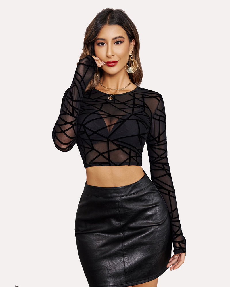 Black mesh crop top with geometric grid pattern, long sheer sleeves, crew neck
