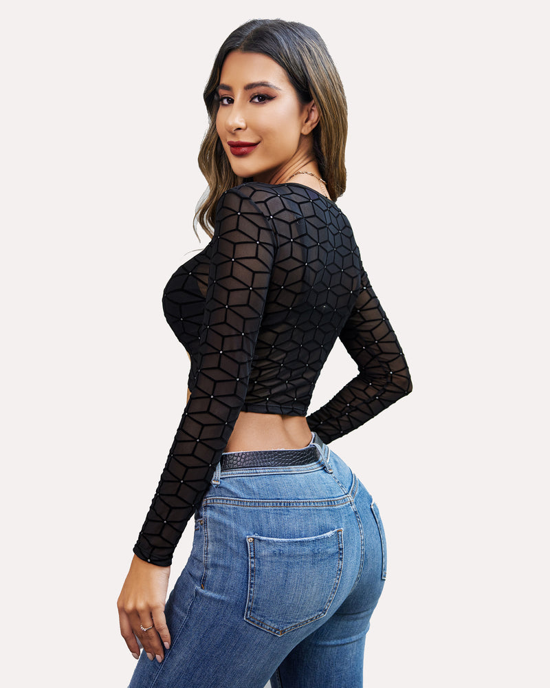 Black mesh crop top with geometric grid pattern, long sheer sleeves, side view