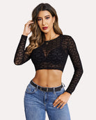 Black mesh crop top with long sleeves and geometric grid pattern, round neckline