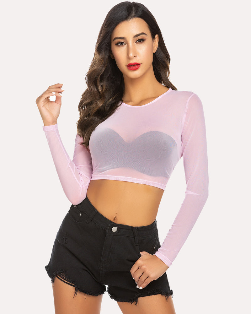 Light pink sheer mesh long-sleeve crop top, heart-like overlay, round neck