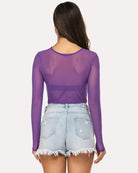 Purple sheer mesh crop top with long sleeves and heart-shaped back yoke
