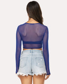Purple sheer mesh long-sleeve crop top, back view, round neckline