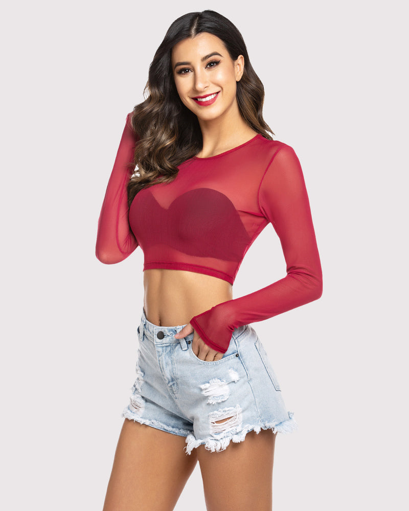 Red sheer mesh long-sleeve crop top, round neck, semi-sheer back