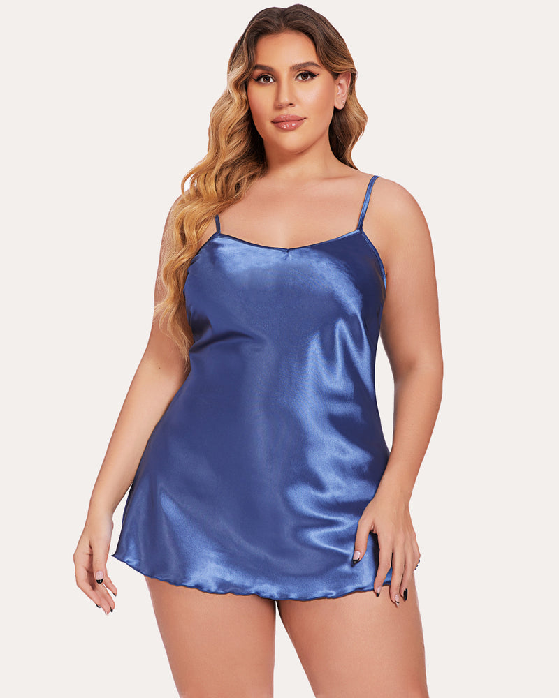 Blue satin mini slip dress with spaghetti straps and V-neckline