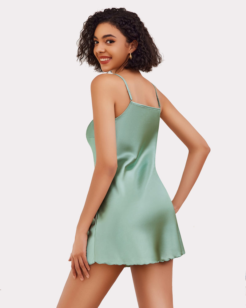 Mint green satin slip mini dress, side view with thin straps and V-neck hemline
