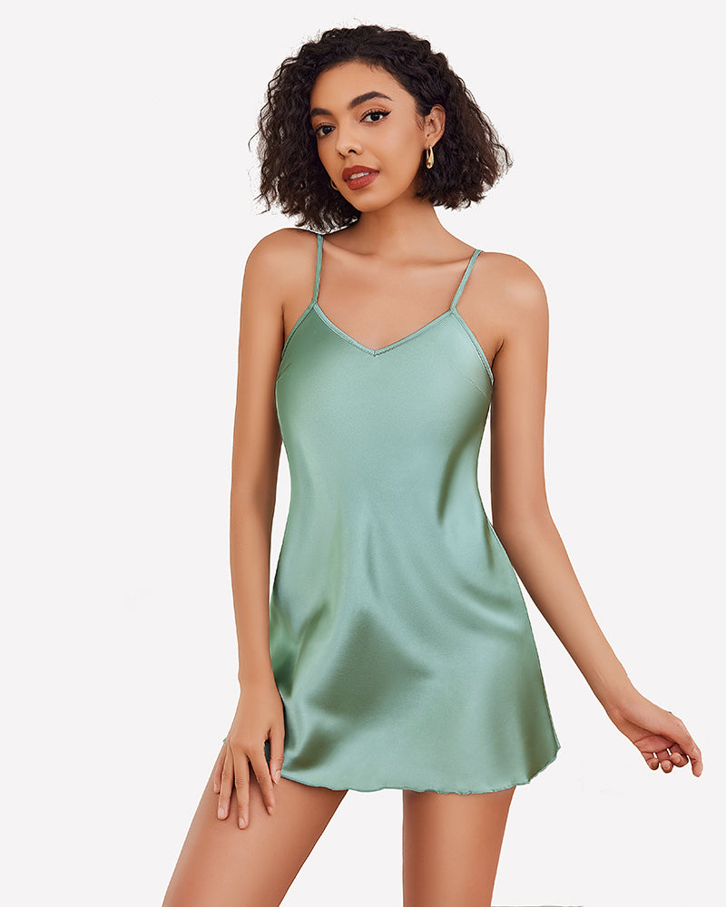 Mint green satin slip mini dress with spaghetti straps and V-neck, A-line hem