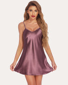 Wine satin mini slip dress with spaghetti straps and V-neckline