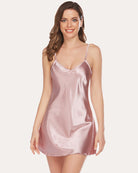 Pink satin mini slip dress with spaghetti straps and V-neckline