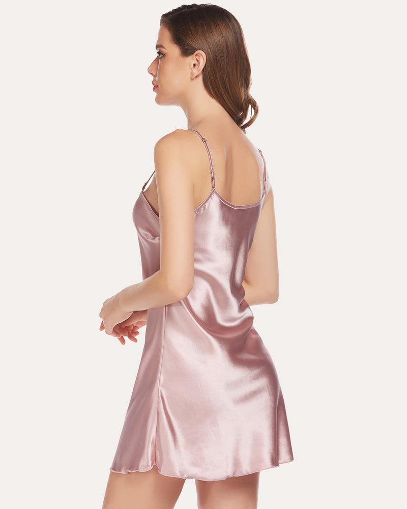 Pink satin mini slip dress, open-back style with spaghetti straps
