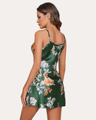 Green floral satin mini slip dress with thin straps, side/back view