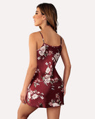 Satin mini slip dress with red floral print and open-back style straps