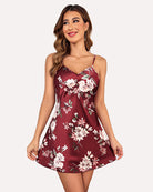 Burgundy floral satin mini slip dress with thin spaghetti straps