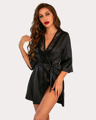 Black satin kimono robe with lace-trim V neckline and waist tie