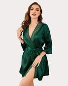 Green satin kimono robe with lace-trim V neckline and tied waist belt, front view