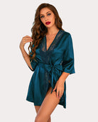 Teal satin kimono robe with lace V-neck, belted waist tie, short kimono sleeves