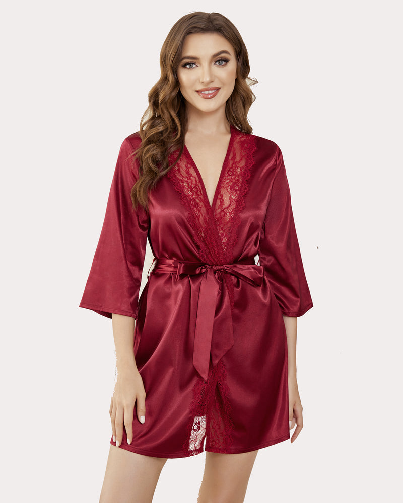 Wine red satin kimono robe with lace V-neck, belted waist tie, half-length sleeves