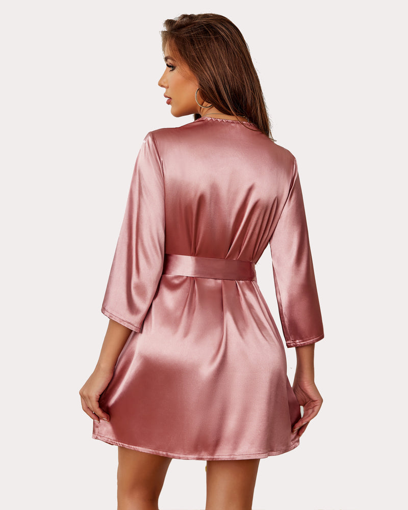 Pink satin kimono robe with belted waist, V-back, half-length sleeves