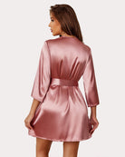 Pink satin kimono robe with belted waist, V-back, half-length sleeves