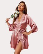 Pink satin kimono robe with lace V-neck, belted waist tie, half-length sleeves