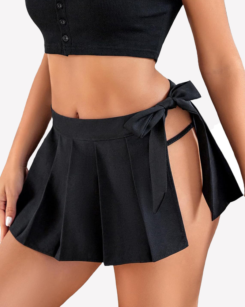 Black pleated mini skirt with bow-tied waist and flared pleats