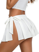 Pleated mini skirt with side slit and bow tie, white