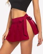 Pleated mini skirt with waist bow tie, dark red