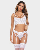 Lace bra and panty set with garter straps, white lace bra and strappy garter briefs.