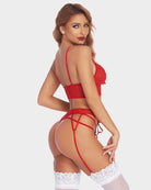 Lace bra and panty set with garter straps, red lace with open straps and white garter trim.