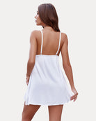 White satin lace mini slip dress with lace-trim open back and thin straps
