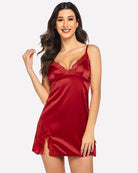Wine red satin lace mini slip dress with V-neck and lace-trim spaghetti straps