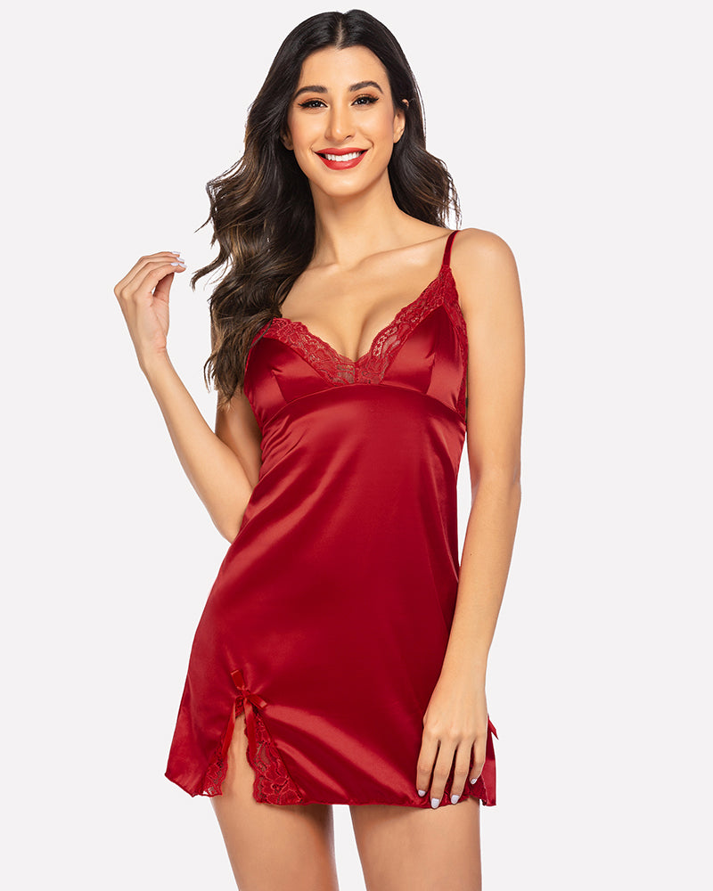 Wine red satin lace mini slip dress with V-neck and lace-trim spaghetti straps