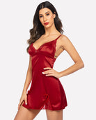 Wine red satin lace mini slip dress with lace bodice and side bow accents