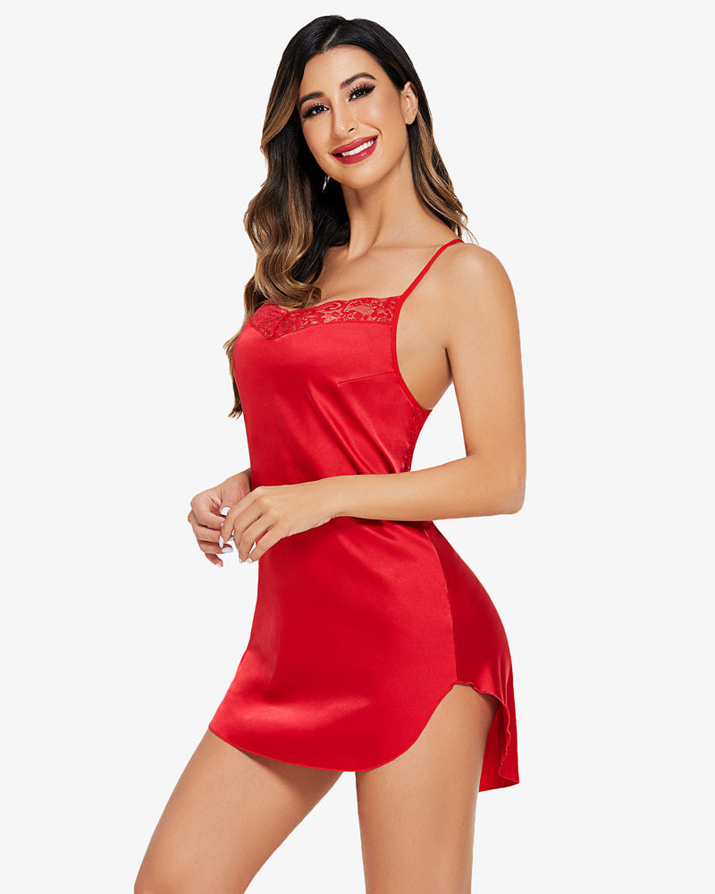 Red satin lace nightgown with scalloped lace neckline and thin straps, short length