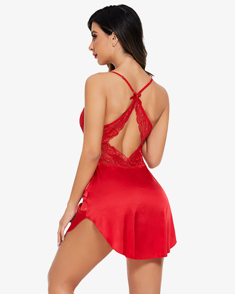 Red satin lace nightgown with lace open-back and crisscross spaghetti straps, short hem