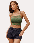 Double-layered racerback bra crop top, green lace front with spaghetti straps