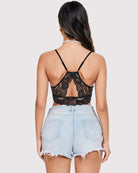 Double-layered racerback bra crop top, black lace back view with crisscross straps