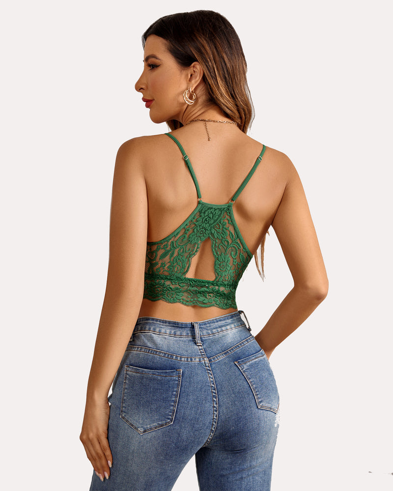Double-layered racerback bra crop top, green lace back with crisscross straps