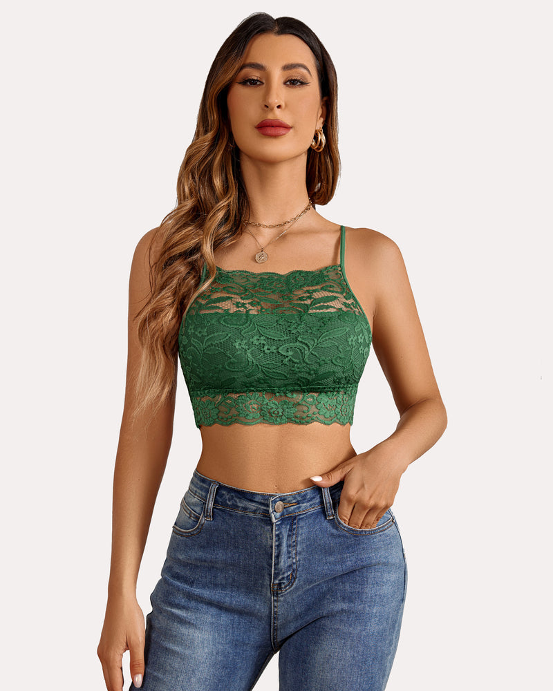 Double-layered racerback bra crop top, dark green lace front with scalloped hem