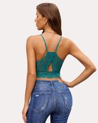 Racerback crop bra in teal lace, double-layered, scalloped hem and keyhole back