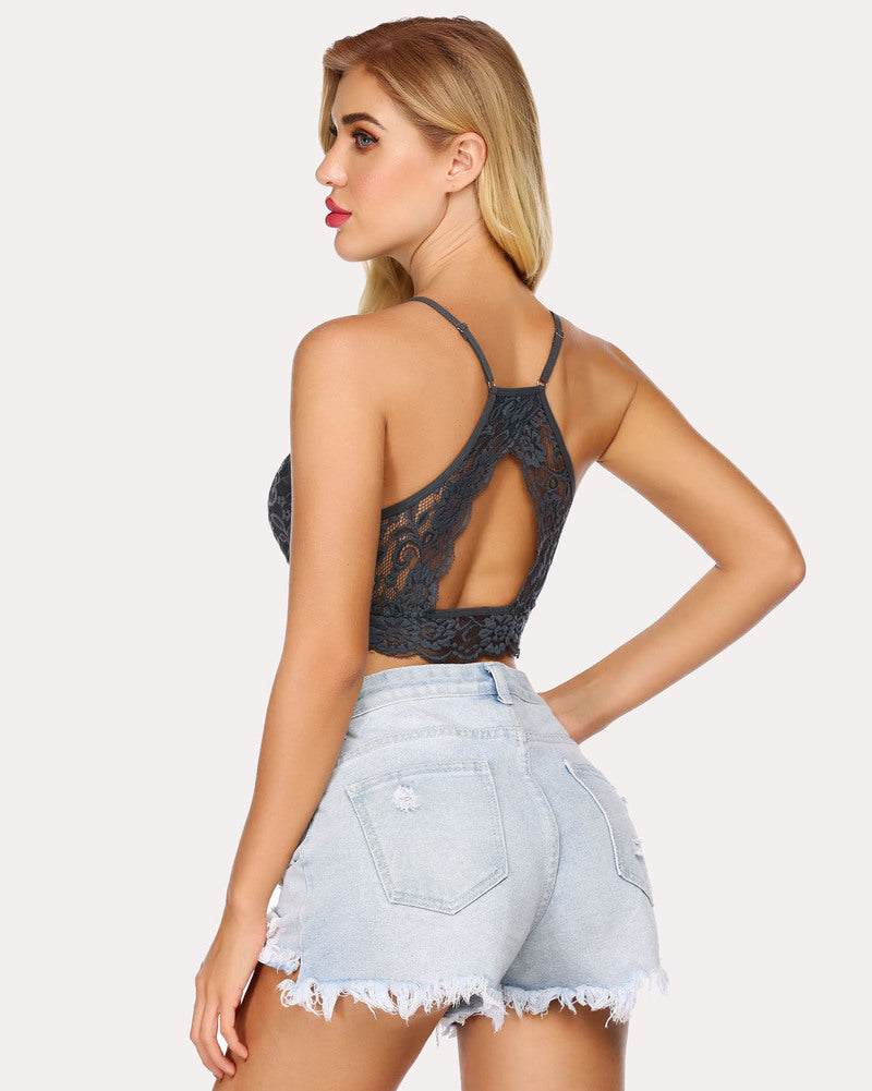 Racerback crop bra in dark navy lace, double-layered, keyhole back cutout