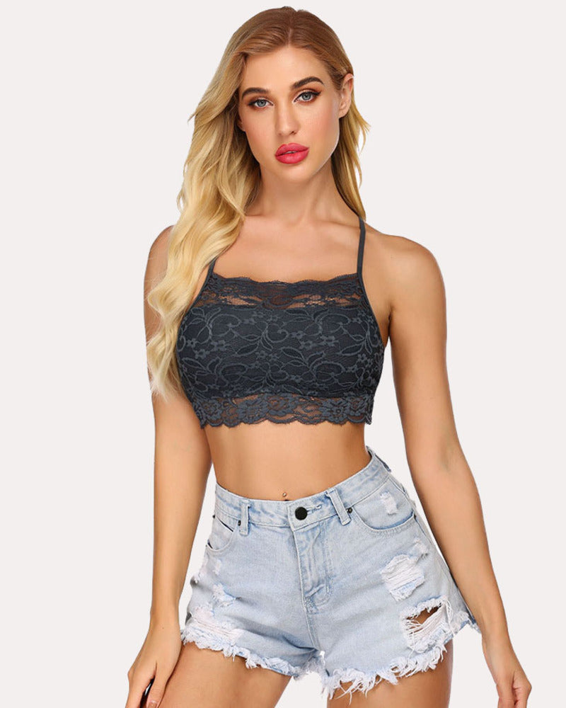 Racerback crop bra in dark charcoal lace, double-layered, scalloped trim