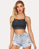 Racerback crop bra in dark charcoal lace, double-layered, scalloped trim