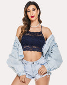Racerback crop bra in dark navy lace, double-layered, scalloped lace hem