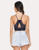 Racerback crop bra in dark navy lace, double-layered, open back keyhole