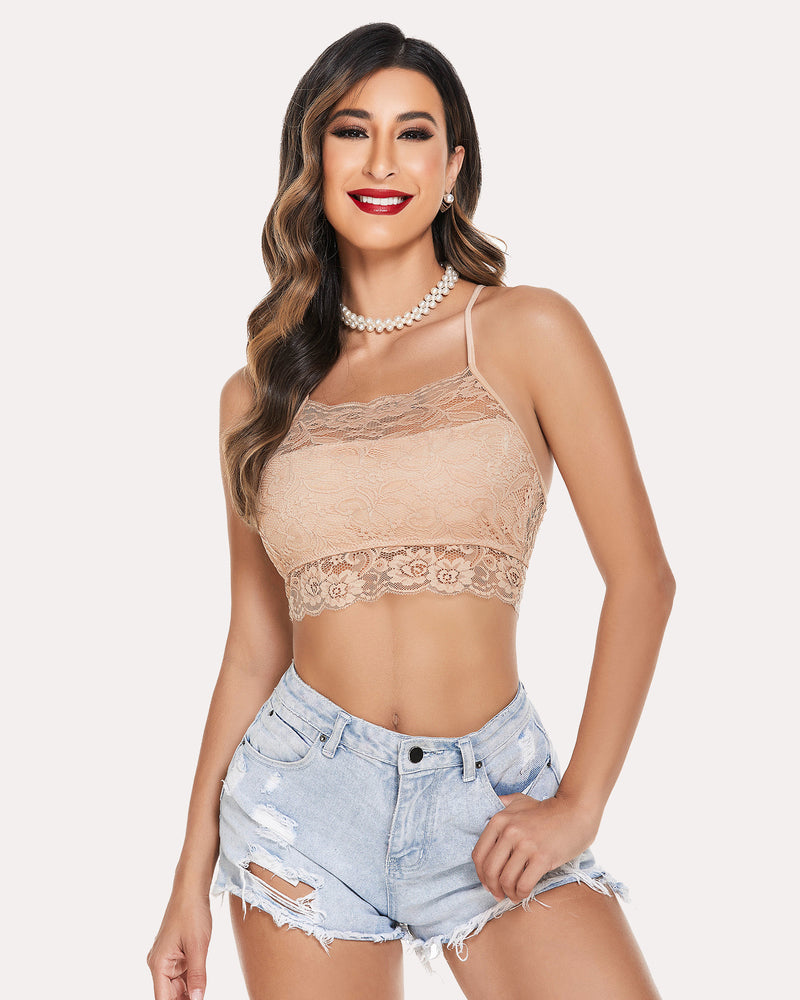 Racerback crop bra in beige lace, double-layered, scalloped lace hem
